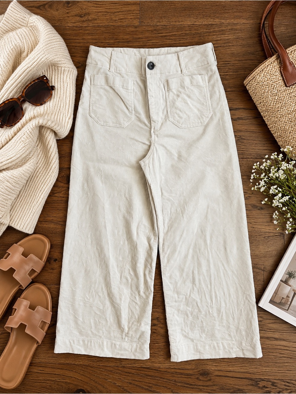 Anthropology Maeve The Collette corduroy Cropped Wide-Leg Pants in Cream
